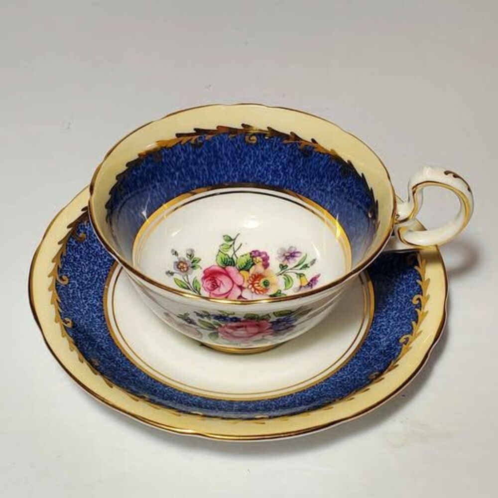 Aynsley Teacup and Saucer Pink Blue Red Flowers Vintage